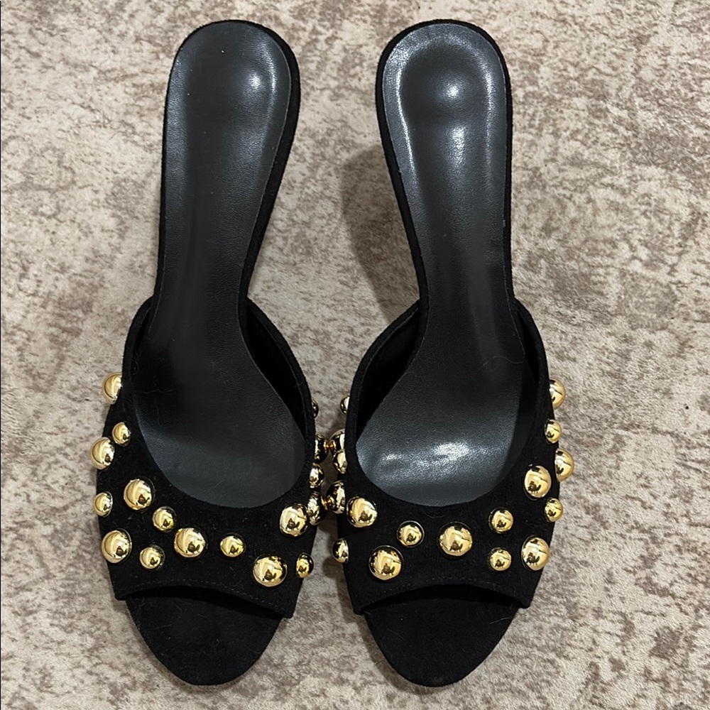 Black Kitten Heel Mules with Gold Studs
